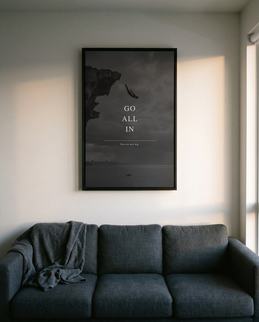 Dare to Win Big – Klippensprung Motivationsposter | Schwarz-Weiß Wandbild für Mut & Entscheidung