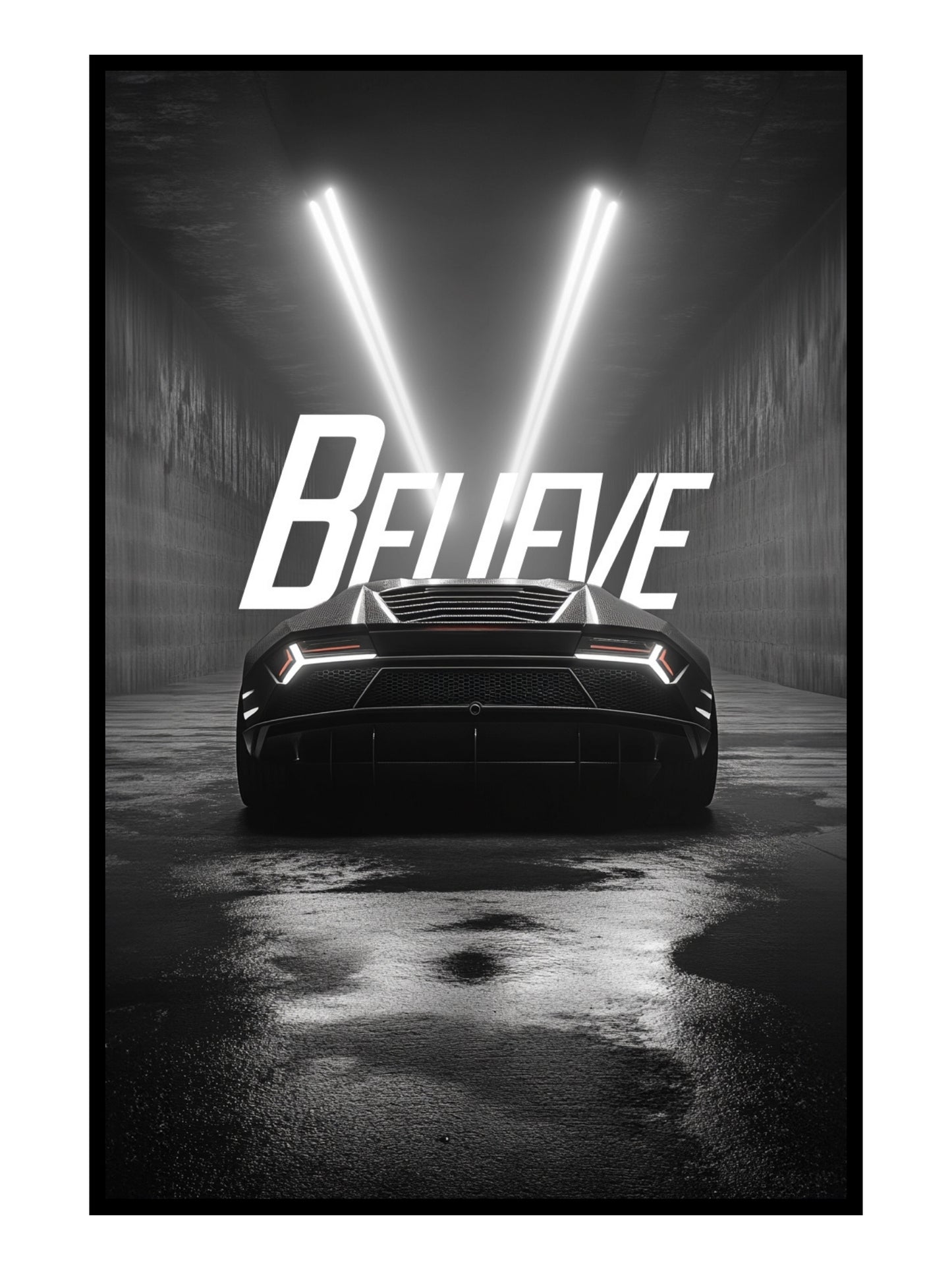 "Believe" Motivationsposter mit Sportwagen & Power-Aura