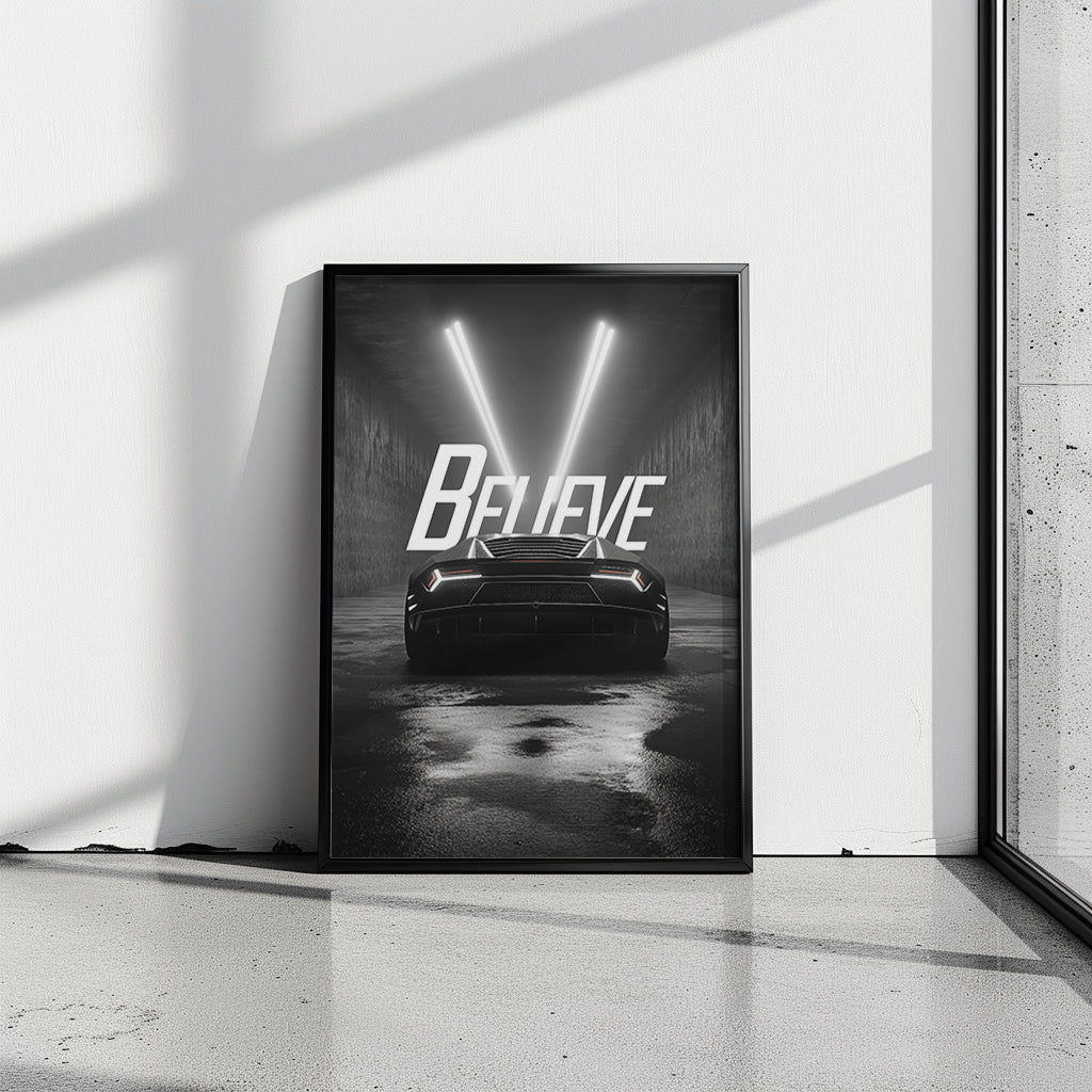 "Believe" Motivationsposter mit Sportwagen & Power-Aura