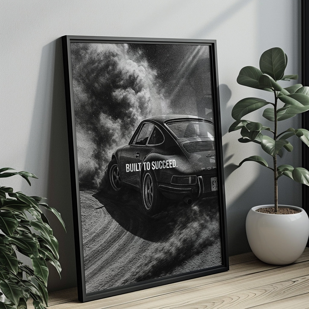 "Built to Succeed" Motivationsposter für Auto- und Performance-Fans