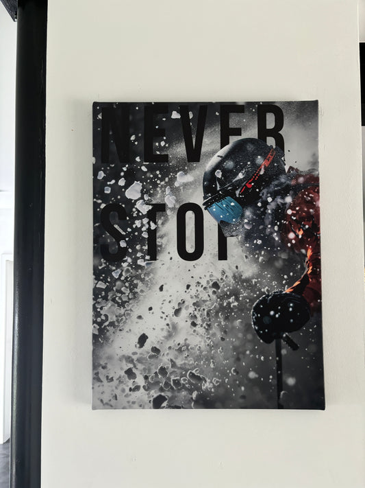 Ski Leinwand Never Stop II, Keilrahmen Leinwand, Wintersport Leinwand, Motivationsleinwand, Leinwand Motivation