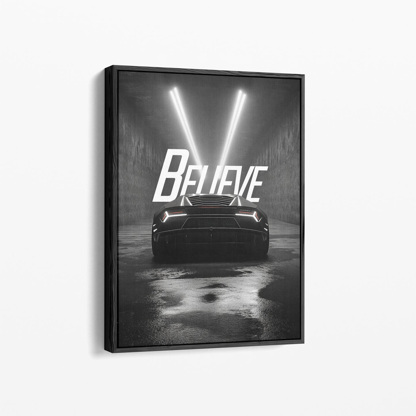 "Believe" Motivationsposter mit Sportwagen & Power-Aura