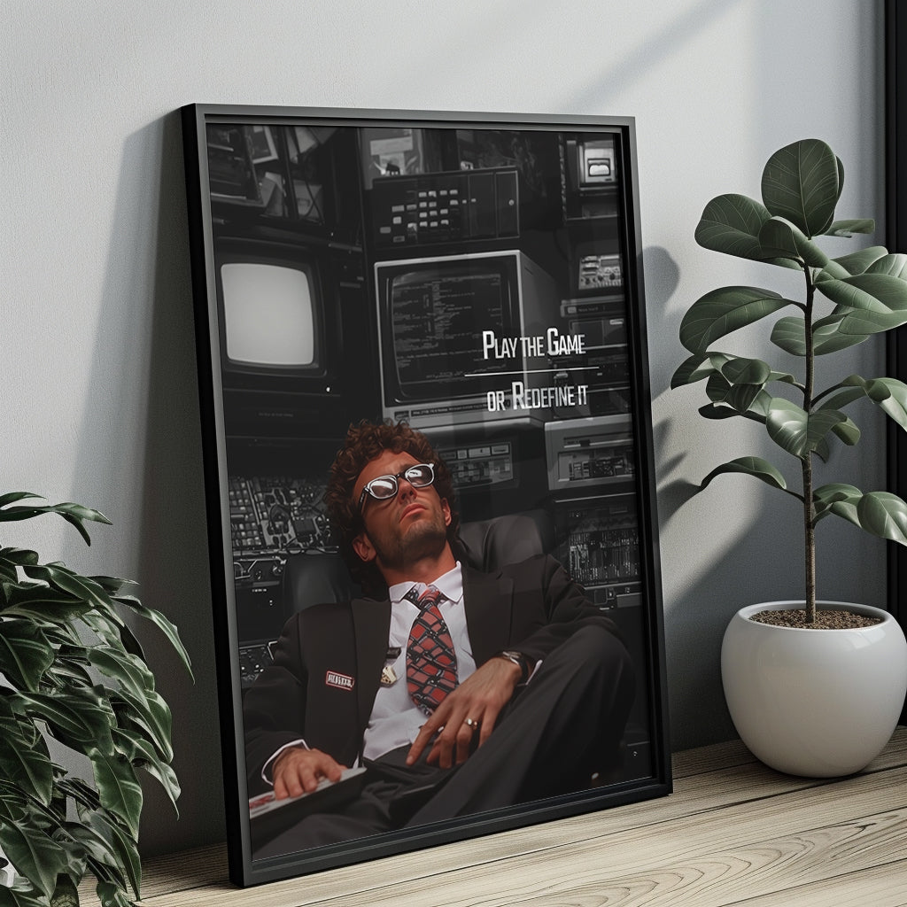 "Play the Game or Redefine It" – Motivationsposter im Retro-Tech-Design