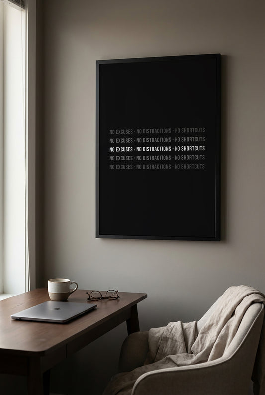 Typo Poster – NO EXCUSES · NO DISTRACTIONS · NO SHORTCUTS