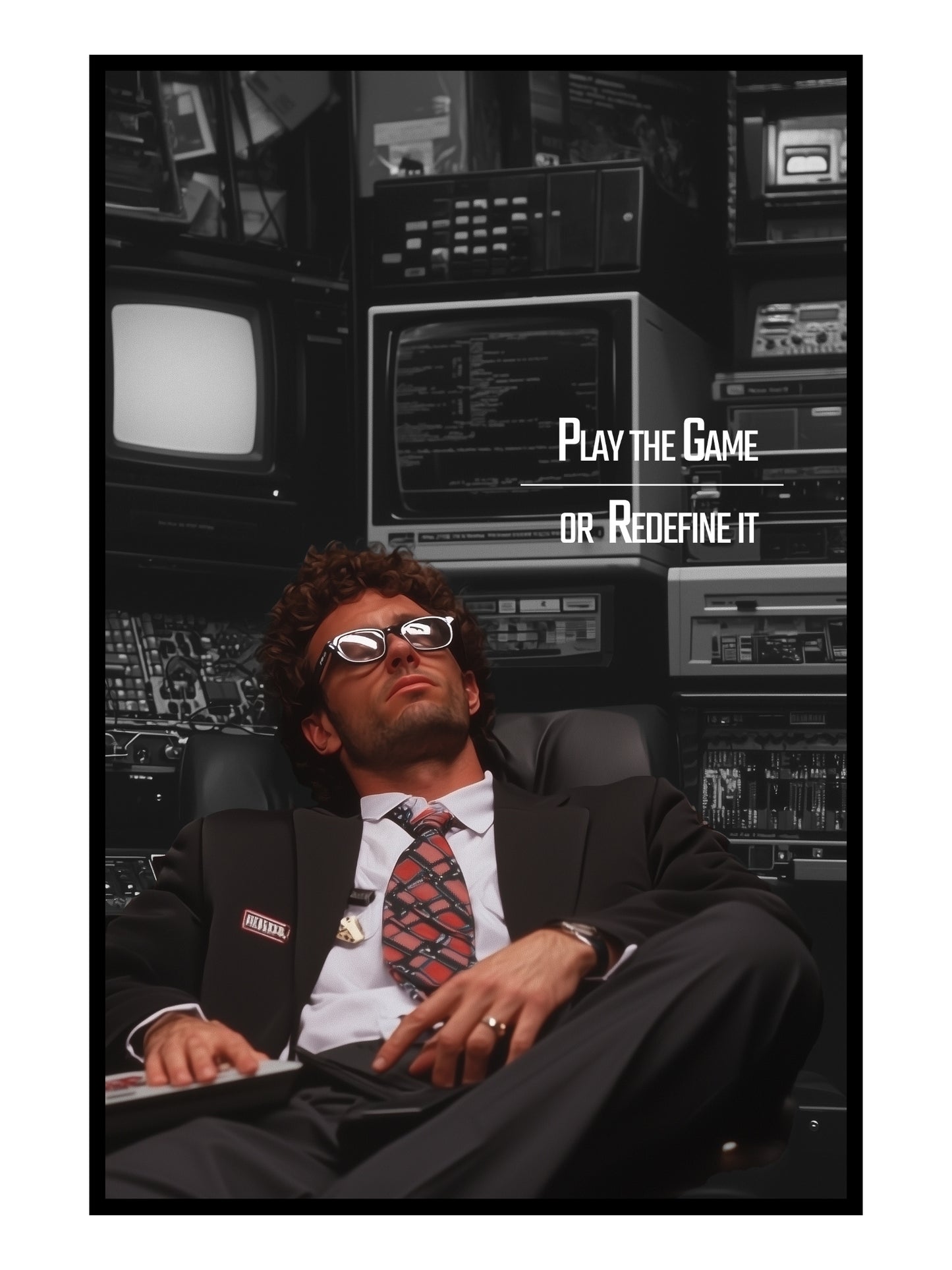 "Play the Game or Redefine It" – Motivationsposter im Retro-Tech-Design