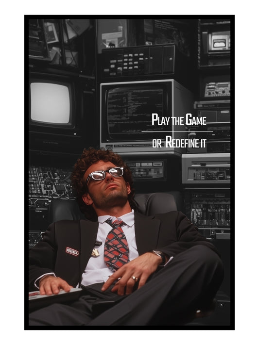 "Play the Game or Redefine It" – Motivationsposter im Retro-Tech-Design