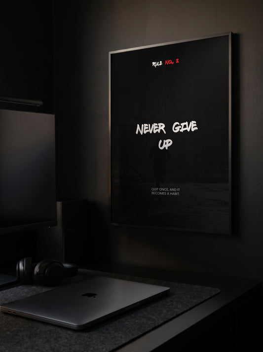 Never Give Up – Running Poster mit Spruch | Schwarz-Weiß Wandbild für Läufer & Ausdauersport