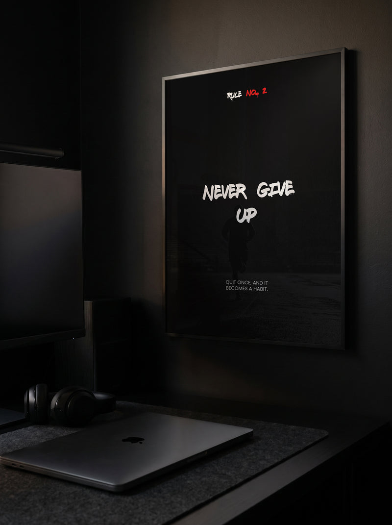 Never Give Up – Running Poster mit Spruch | Schwarz-Weiß Wandbild für Läufer & Ausdauersport