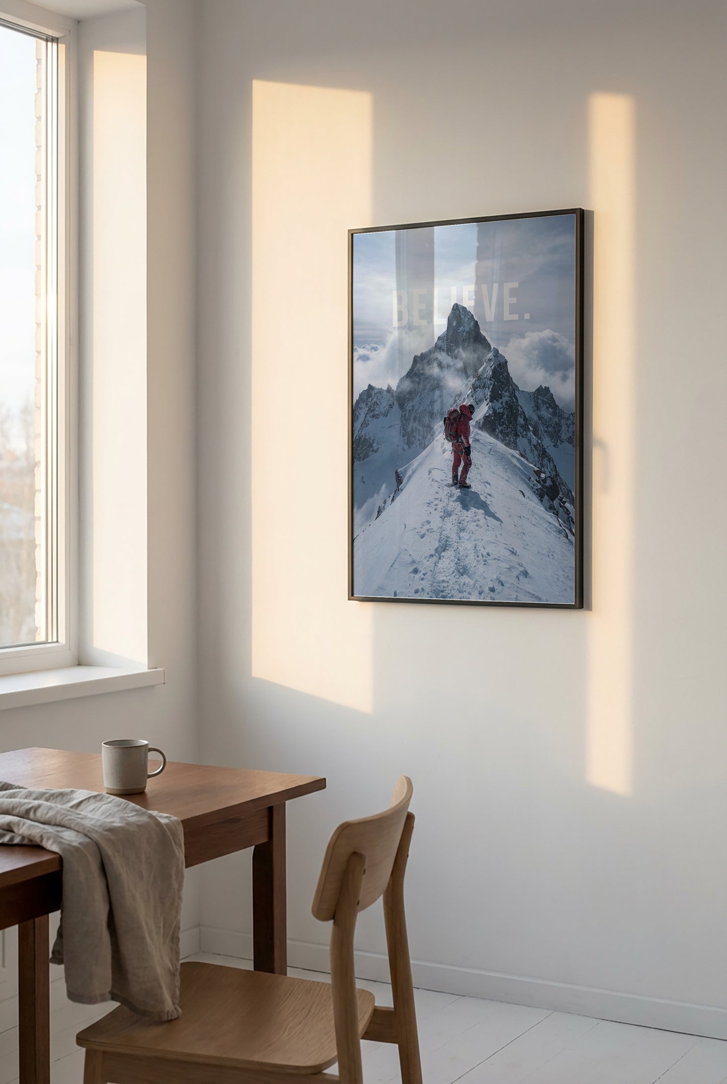 Believe Poster – Motivationsbild Bergsteiger | Leinwand & Poster Wandbild