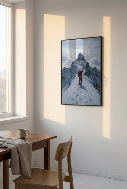 Believe Poster – Motivationsbild Bergsteiger | Leinwand & Poster Wandbild