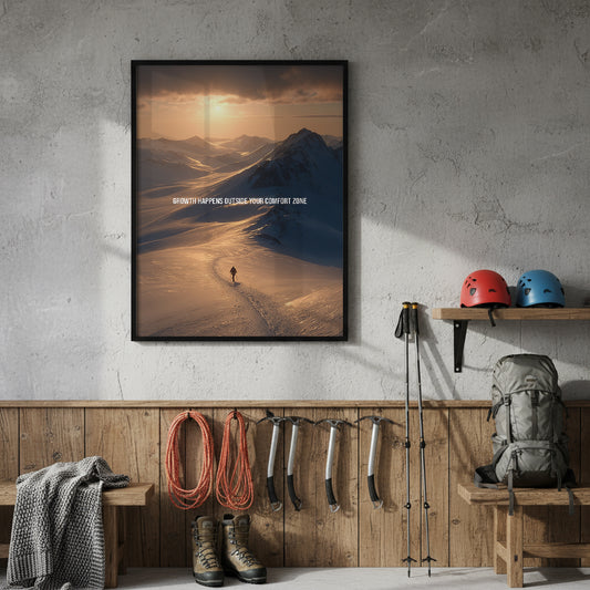 Growth Happens Outside Your Comfort Zone – Motivationsposter & Leinwand für Athleten, Bergliebhaber & ambitionierte Macher
