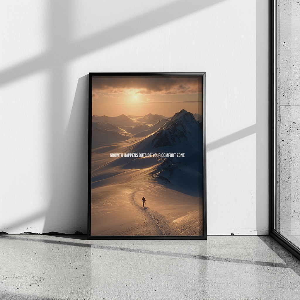 Growth Happens Outside Your Comfort Zone – Motivationsposter & Leinwand für Athleten, Bergliebhaber & ambitionierte Macher