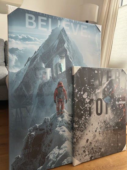Winterleinwand, Bergsteiger Leinwand, Believe Leinwand, Keilrahmen winter, Motivations Leinwand Winter, Ski Motivation, Believe x Never stop