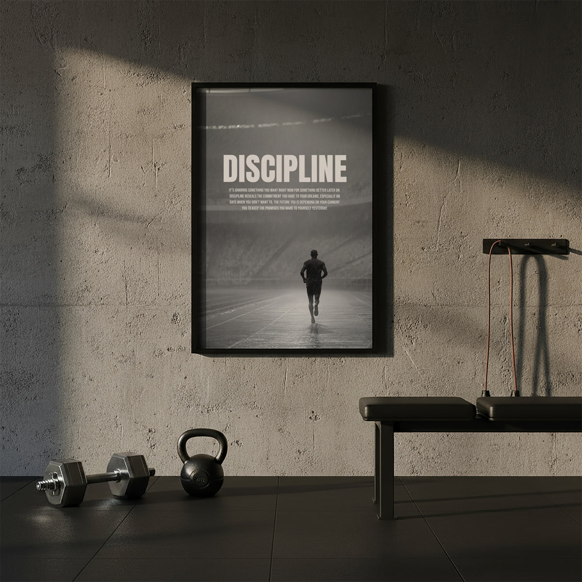 Discipline — Läufer im Regen | Motivationsposter Ausdauer