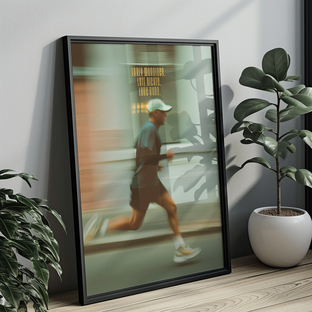 "Early Mornings. Late Nights. Long Runs." Motivationsposter für Läufer