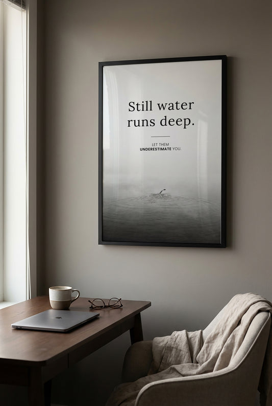 Still Water Runs Deep – Minimalistisches Schwimmer Poster | Schwarz-Weiß Wandbild Mindset