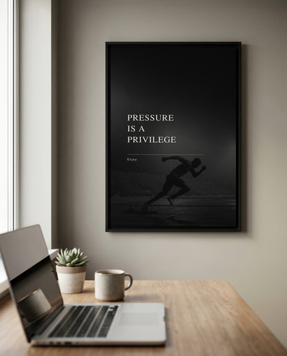Pressure Is A Privilege – Sprinter Poster | Schwarz-Weiß Wandbild für Wettkampf & Mindset