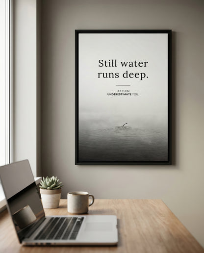 Still Water Runs Deep – Minimalistisches Schwimmer Poster | Schwarz-Weiß Wandbild Mindset