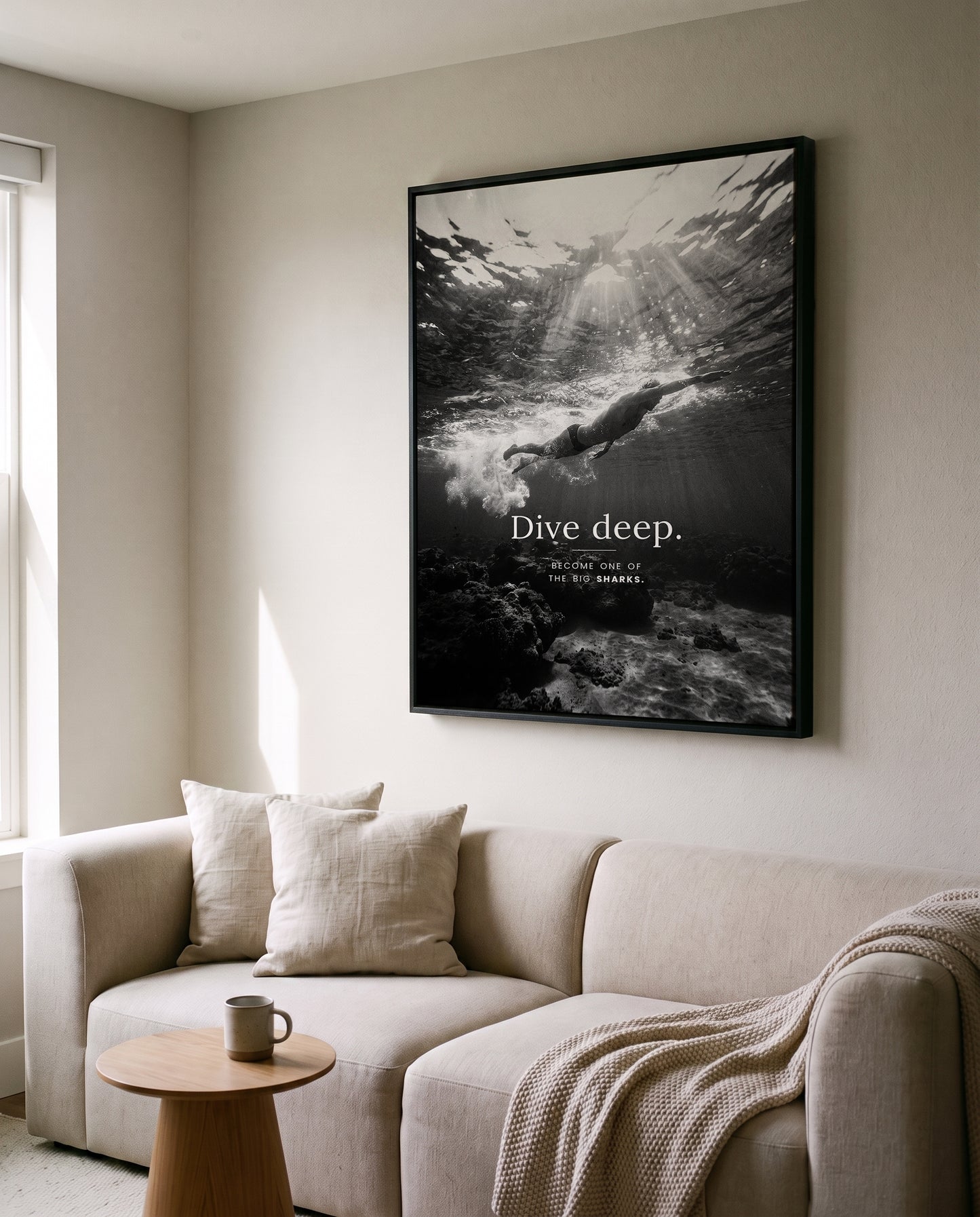 Dive Deep – Schwimmer & Freediving Poster | Schwarz-Weiß Wandbild Mindset