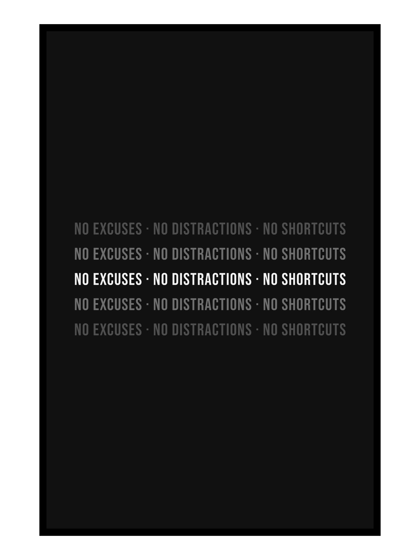 Typo Poster – NO EXCUSES · NO DISTRACTIONS · NO SHORTCUTS
