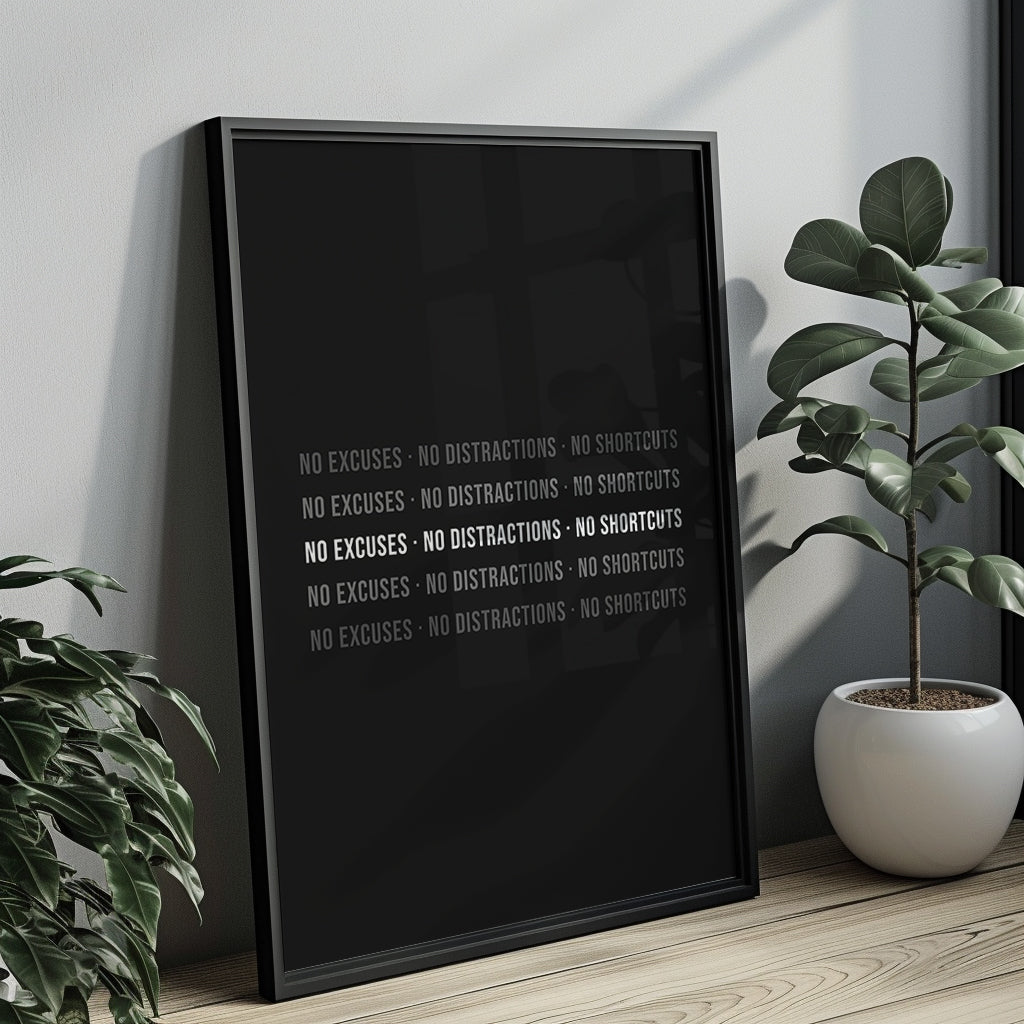 Typo Poster – NO EXCUSES · NO DISTRACTIONS · NO SHORTCUTS