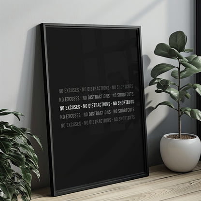 Typo Poster – NO EXCUSES · NO DISTRACTIONS · NO SHORTCUTS
