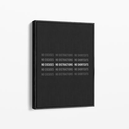 Typo Poster – NO EXCUSES · NO DISTRACTIONS · NO SHORTCUTS