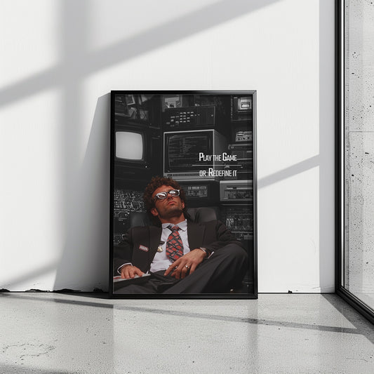 "Play the Game or Redefine It" – Motivationsposter im Retro-Tech-Design