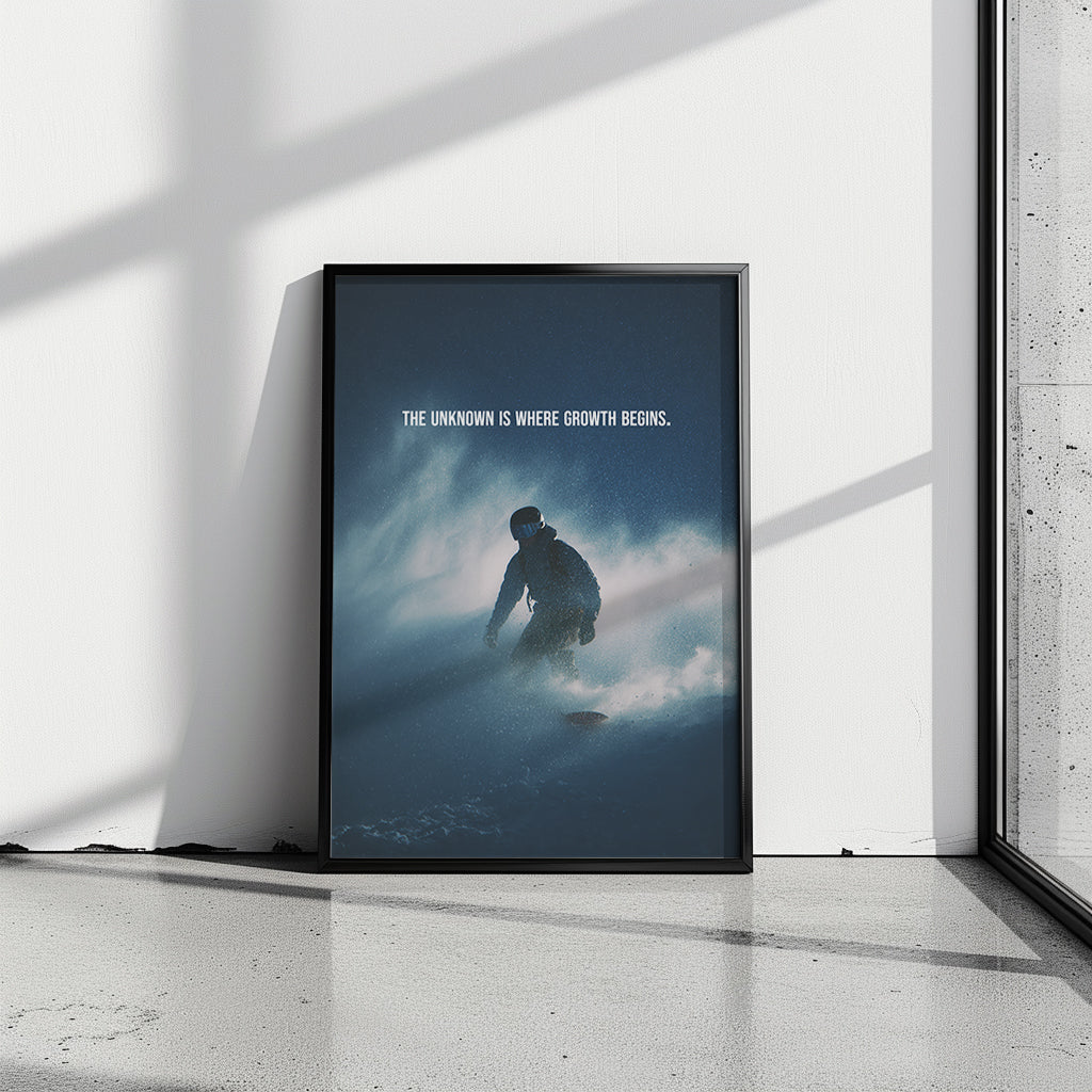 Motivationsposter Snowboard „The Unknown is where Growth begins."