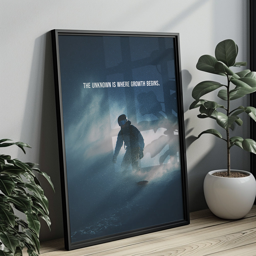 Motivationsposter Snowboard „The Unknown is where Growth begins."