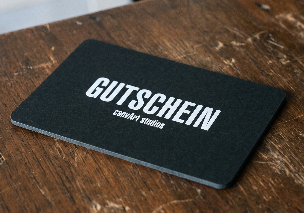 Schwarze canvArt studios Gutscheinkarte mit der Aufschrift Gutschein auf einem Holztisch