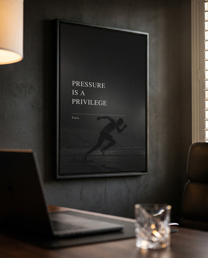 Pressure Is A Privilege – Sprinter Poster | Schwarz-Weiß Wandbild für Wettkampf & Mindset